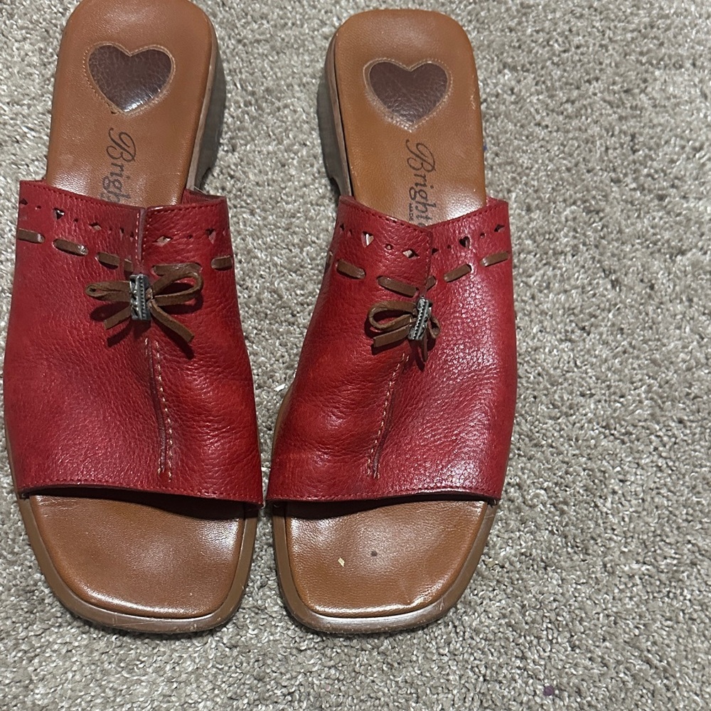 Brighton Red Leather Mules with Bow Accent